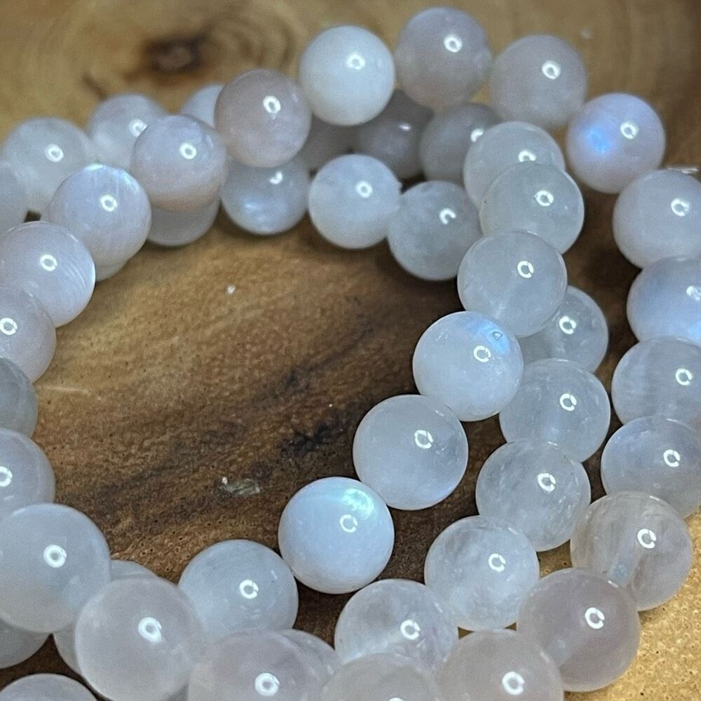 White Moonstone beaded bracelet 7” crystal healing beads 8mm blue flash
